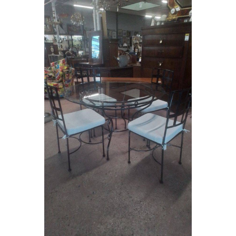 TABLE RONDE DESSUS VERRE +4 CHAISES FER