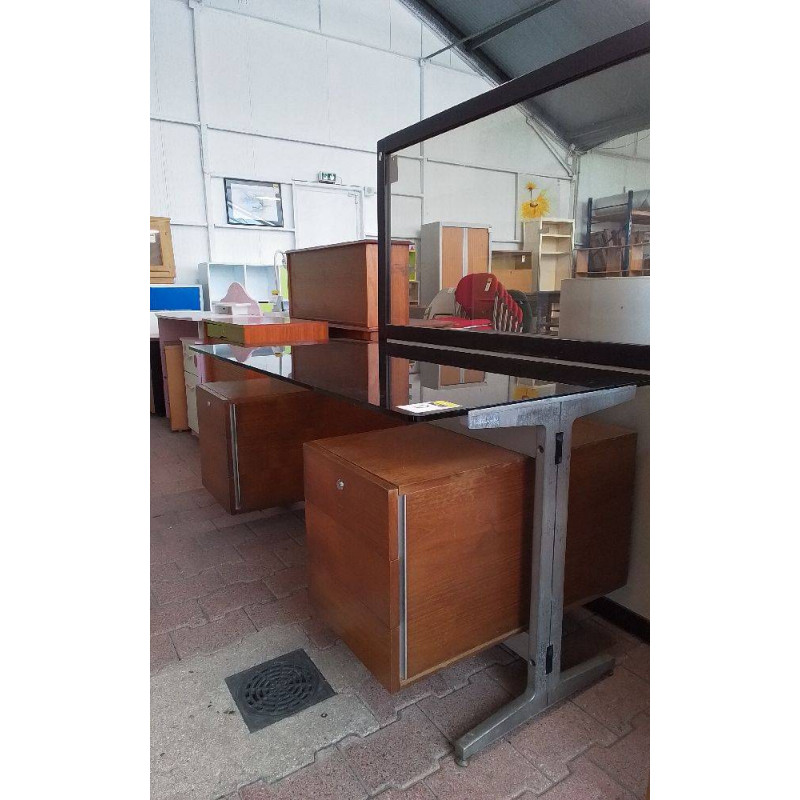 BUREAU ANNÉES 70\'PLATEAU VERRE 6 TIROIRS 